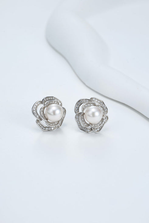 7-8mm White Akoya Pearl Blooming Rose Earrings
